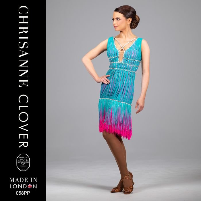 jade green and pink fringe latin dress