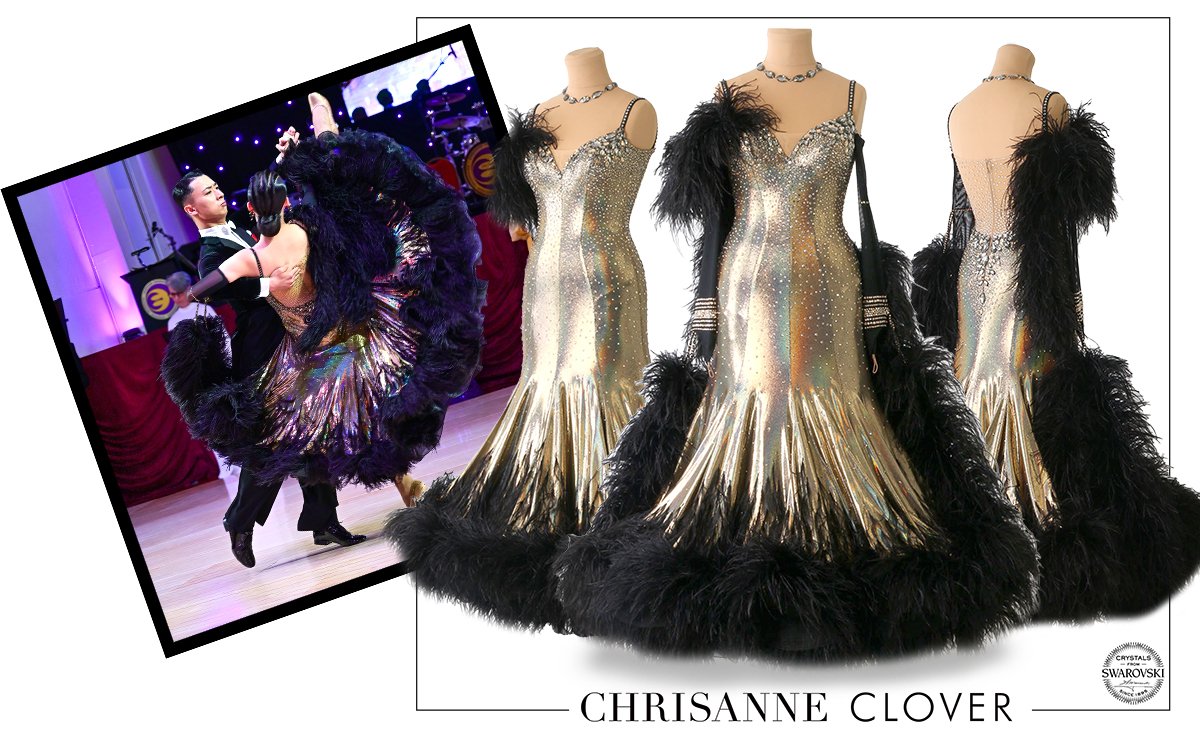 Black Gold Shading Silk with Ostrich Feather Ballroom Smooth Competition  Dance Dress